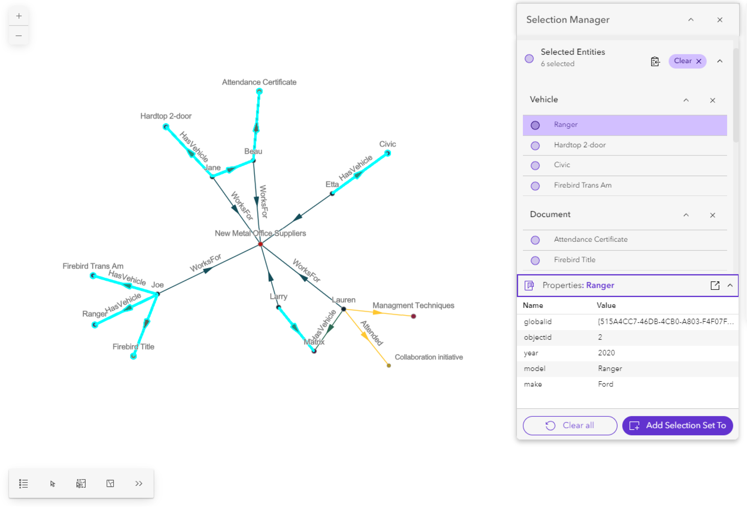 Selection Manager open with the Properties panel open for a specific entity Selection Manager open with the Properties panel open for a specific entity